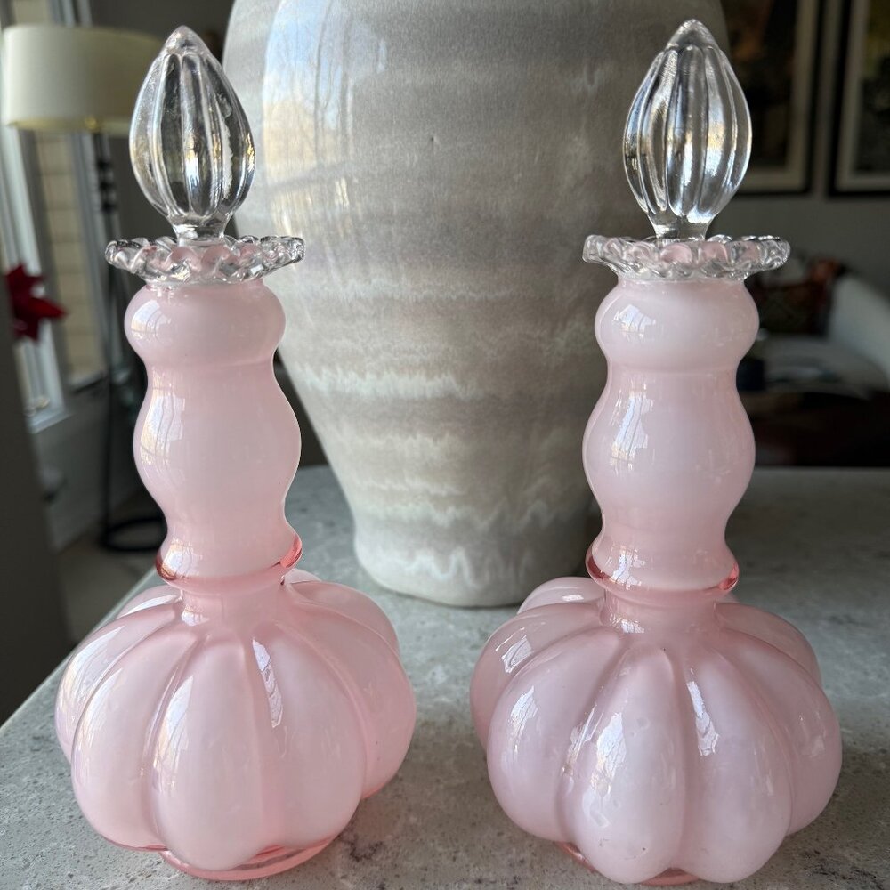 Pair Vintage Fenton Art Glass Pink Melon Perfume Bottles